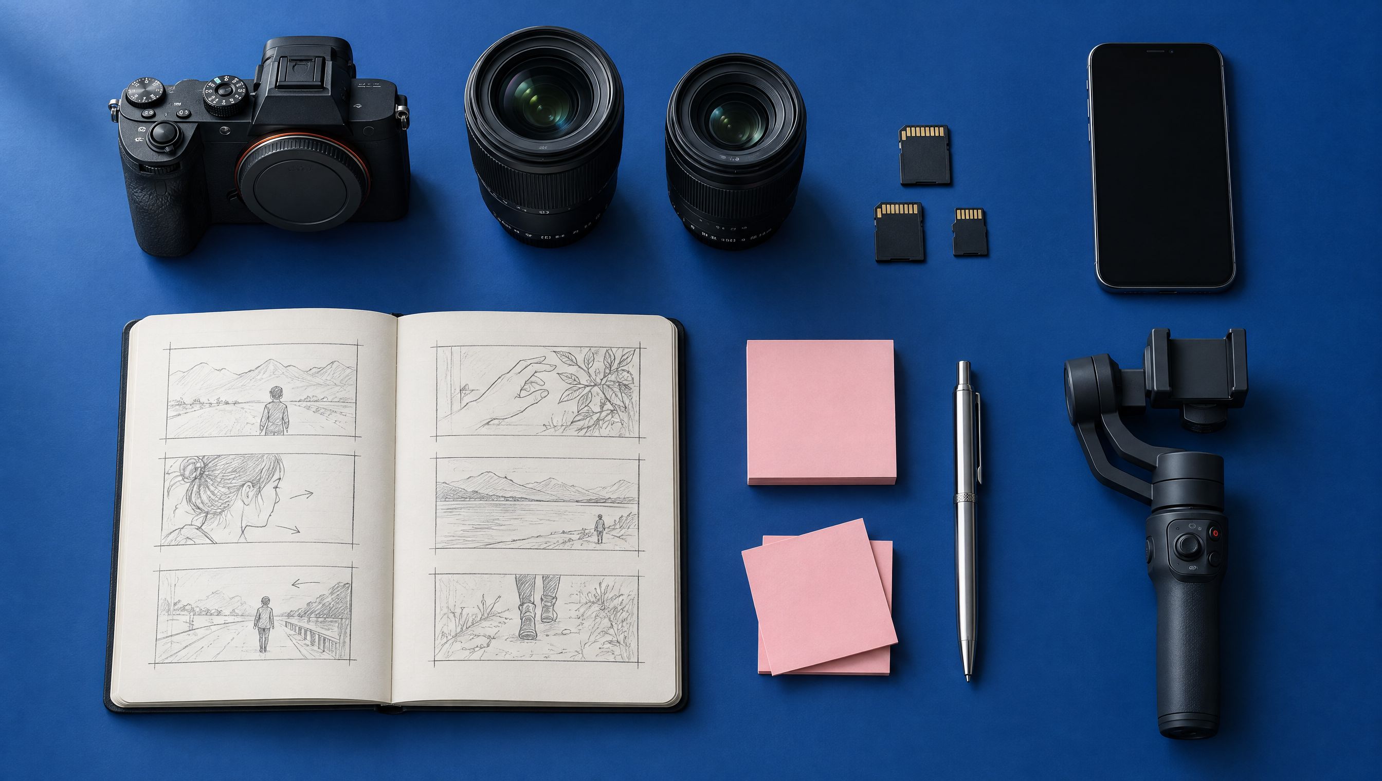 Camera, lenses, storyboard sketches and notes laid out on a blue surface