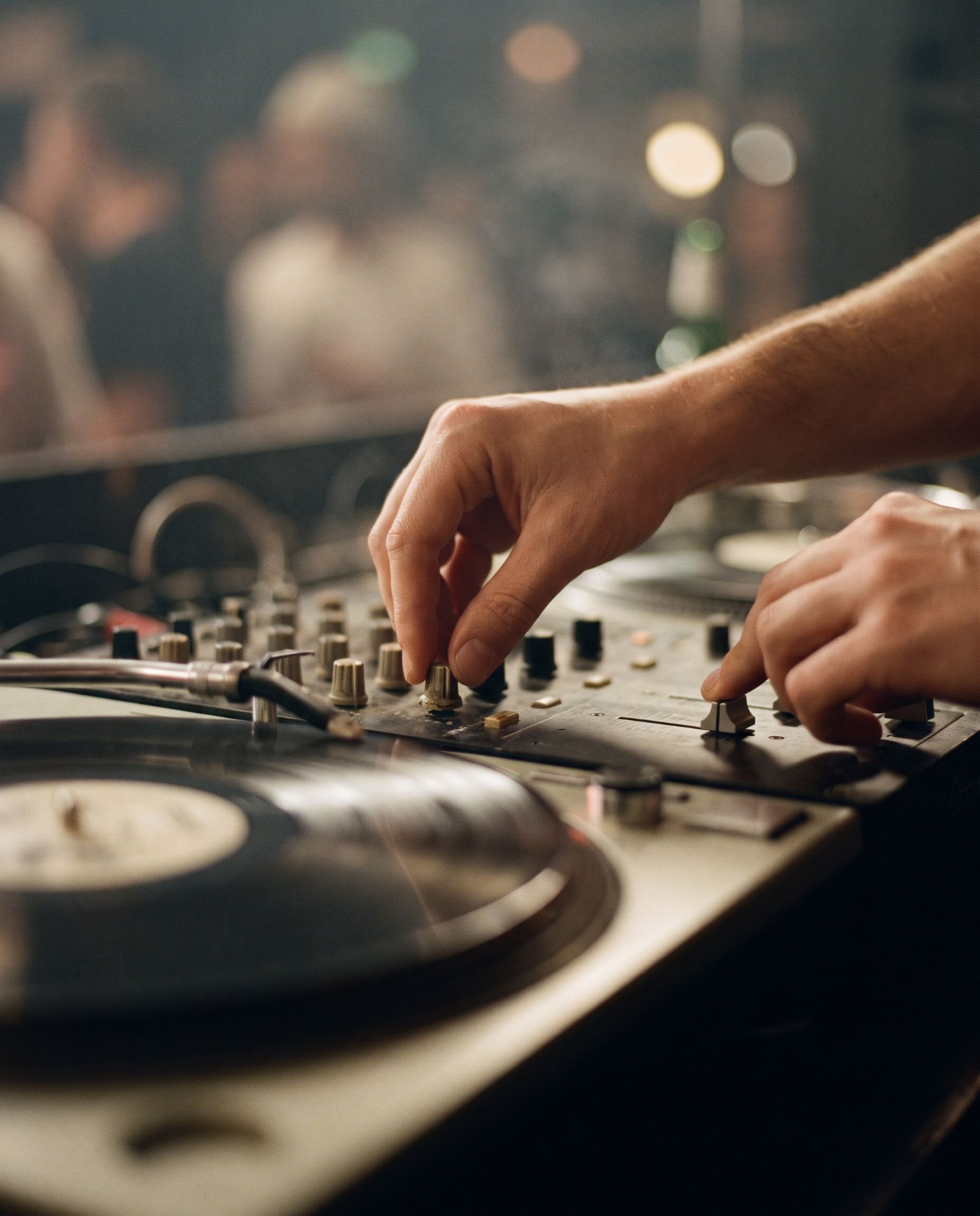 A DJ's hands on the mixer at sunset