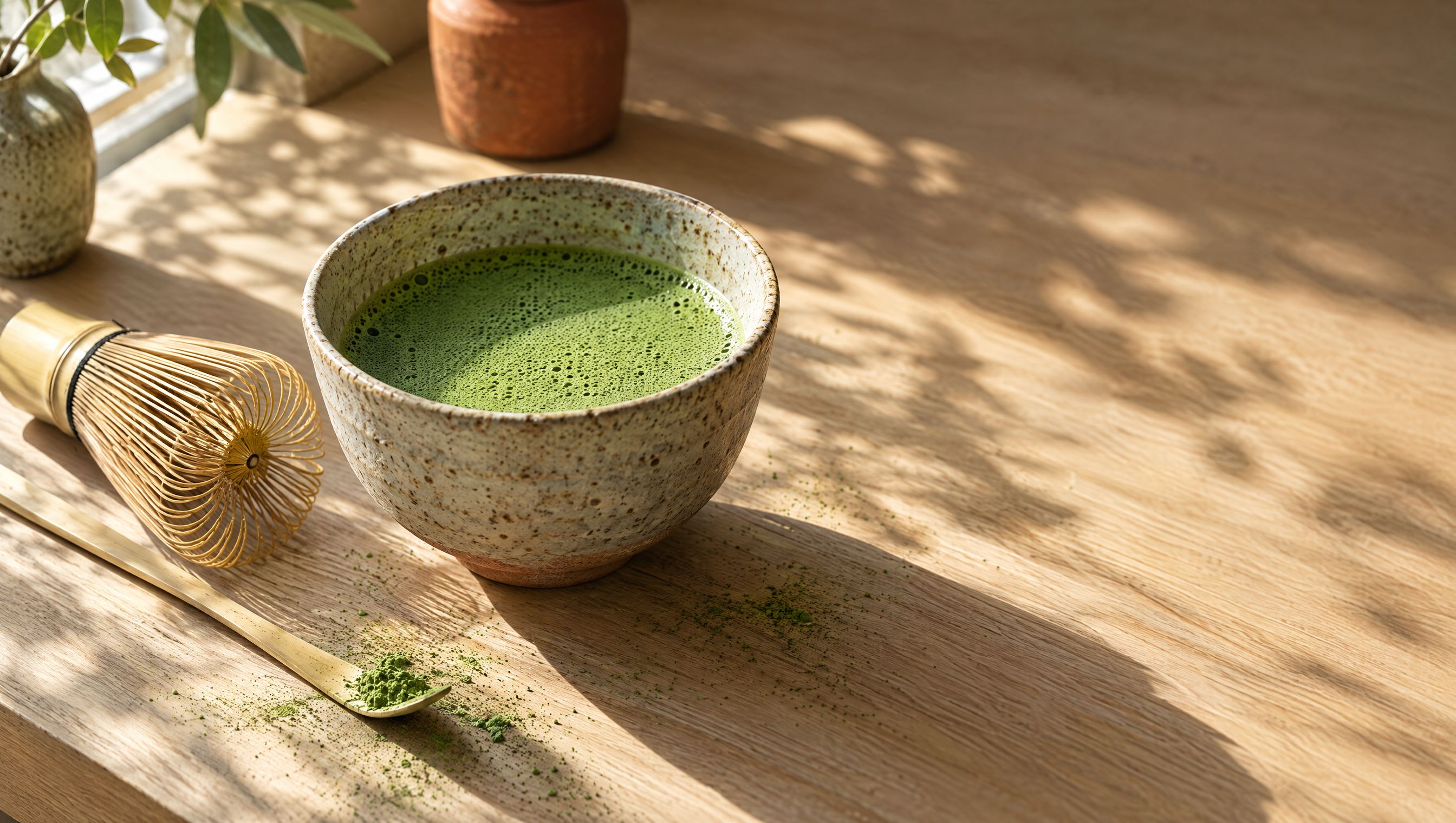 A ceramic bowl of frothed matcha with a bamboo whisk in morning light
