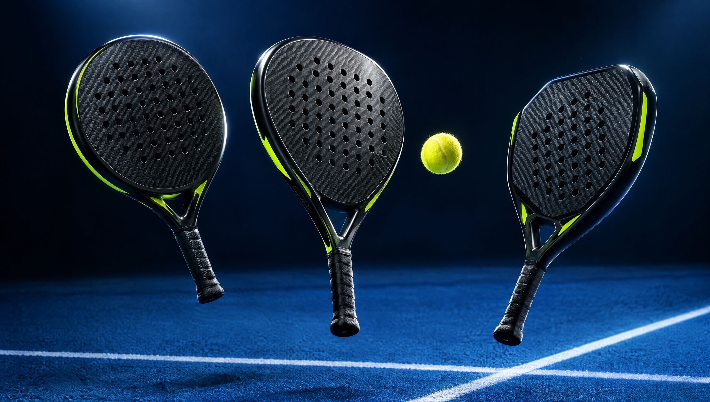Three padel rackets floating above a blue court