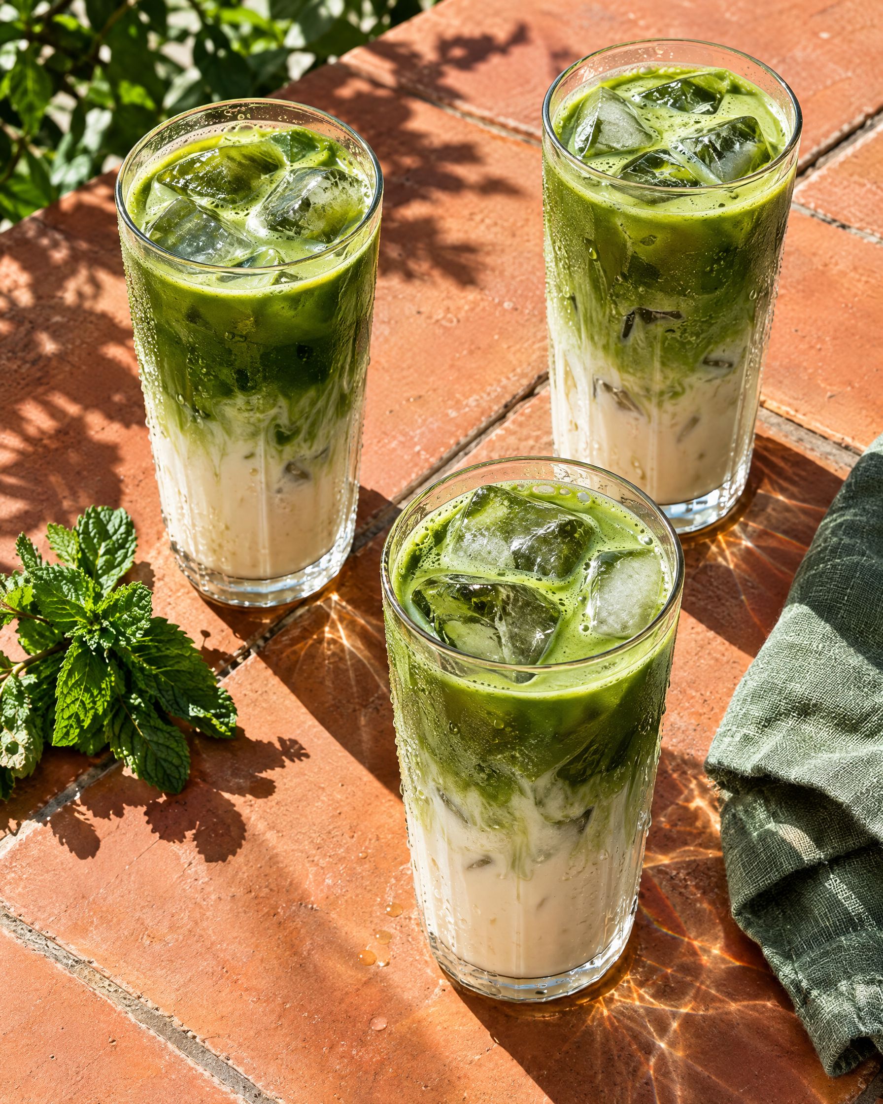 Three iced matcha lattes on a terracotta table