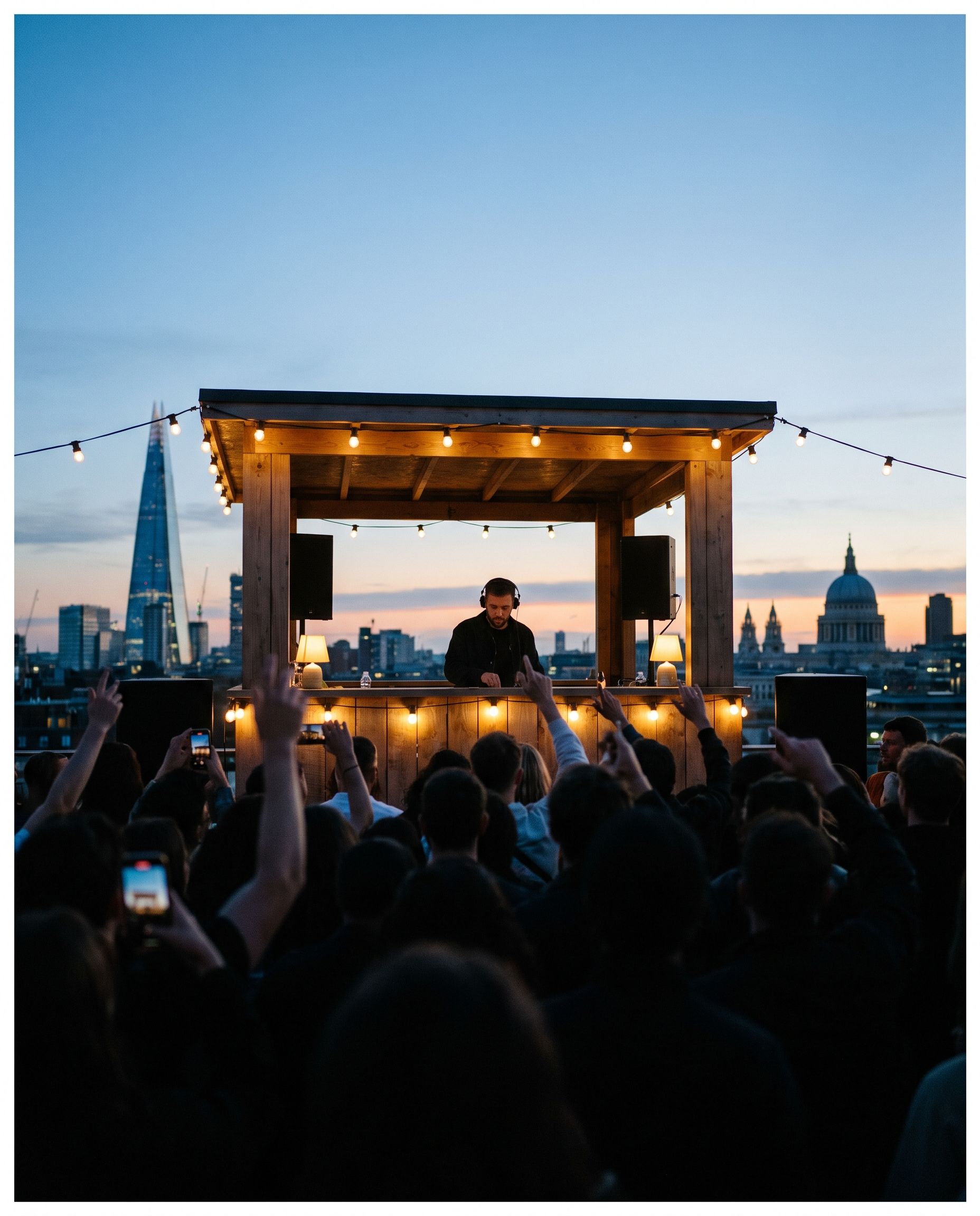 A rooftop crowd in London at blue hour