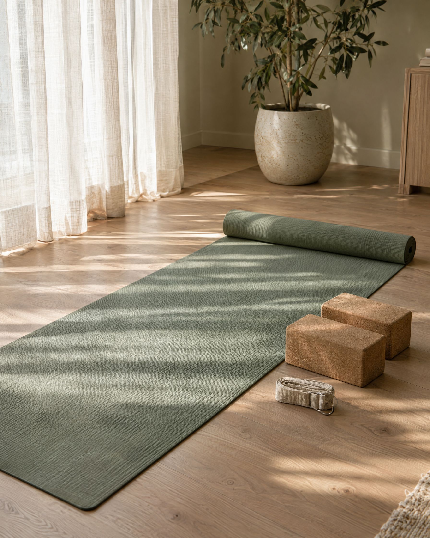 A yoga mat, cork blocks and a strap in morning light