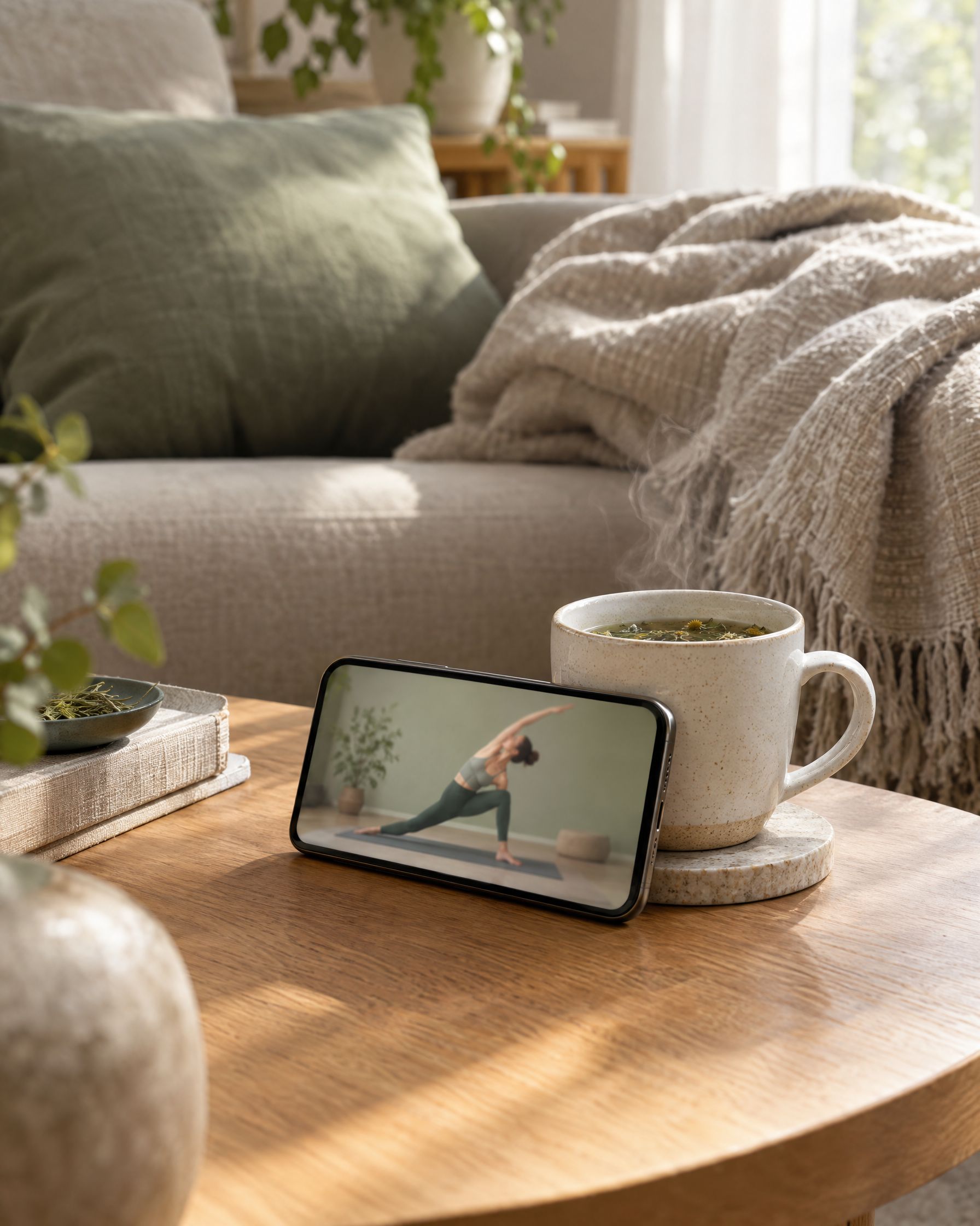 A phone playing a yoga class in a calm living room
