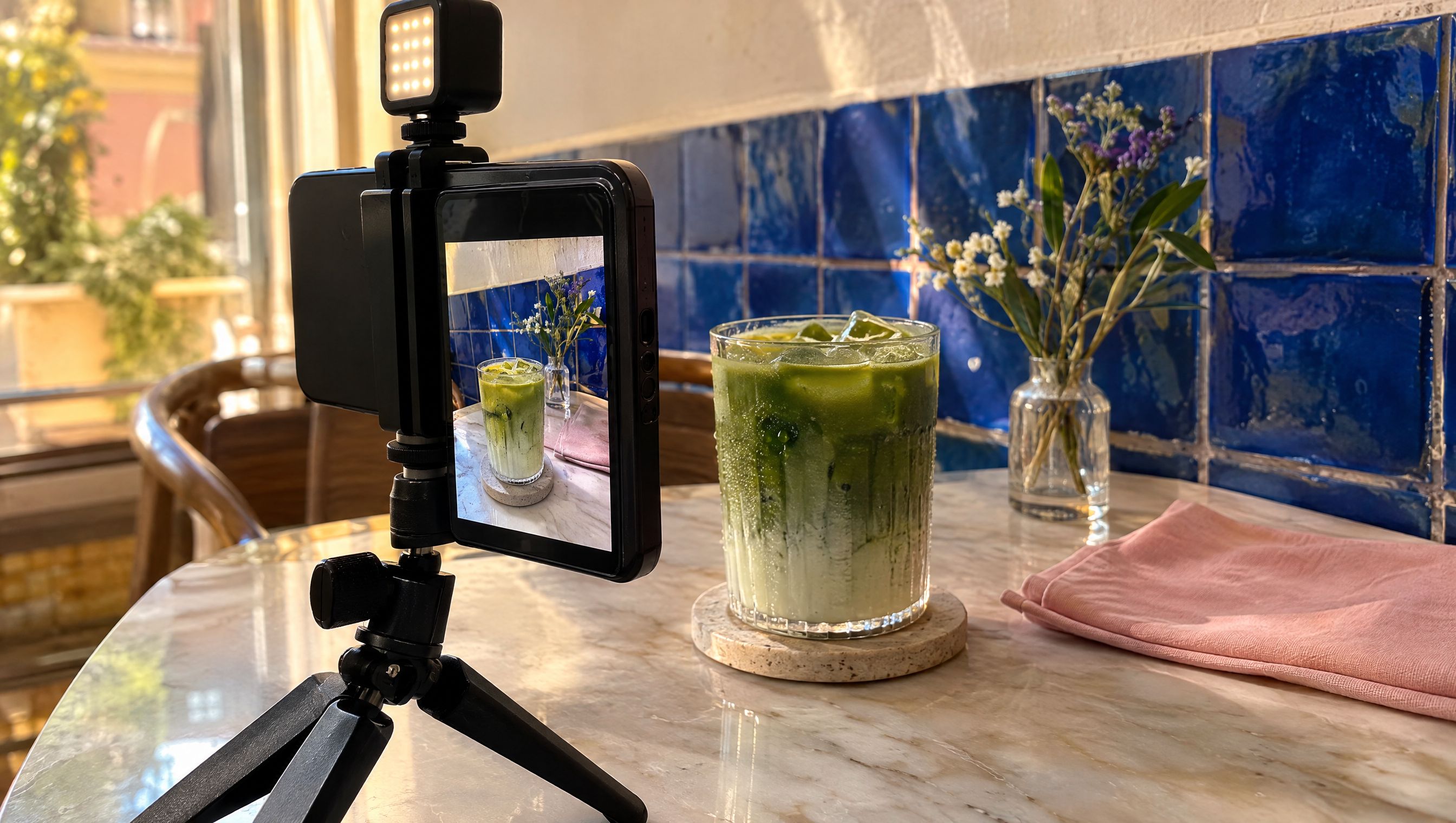 A phone on a small tripod filming an iced matcha latte