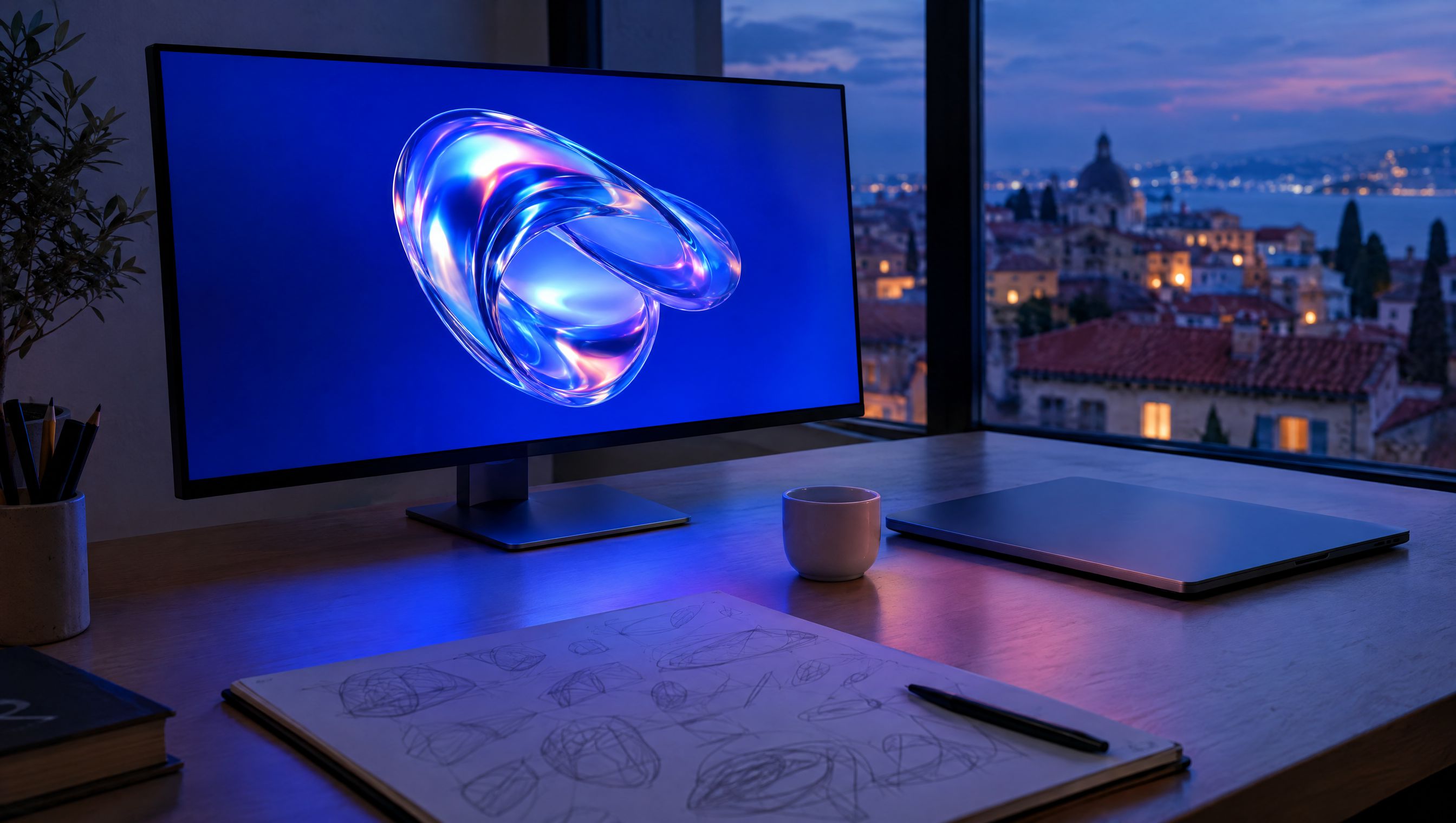 A design studio desk at dusk, a monitor glowing blue