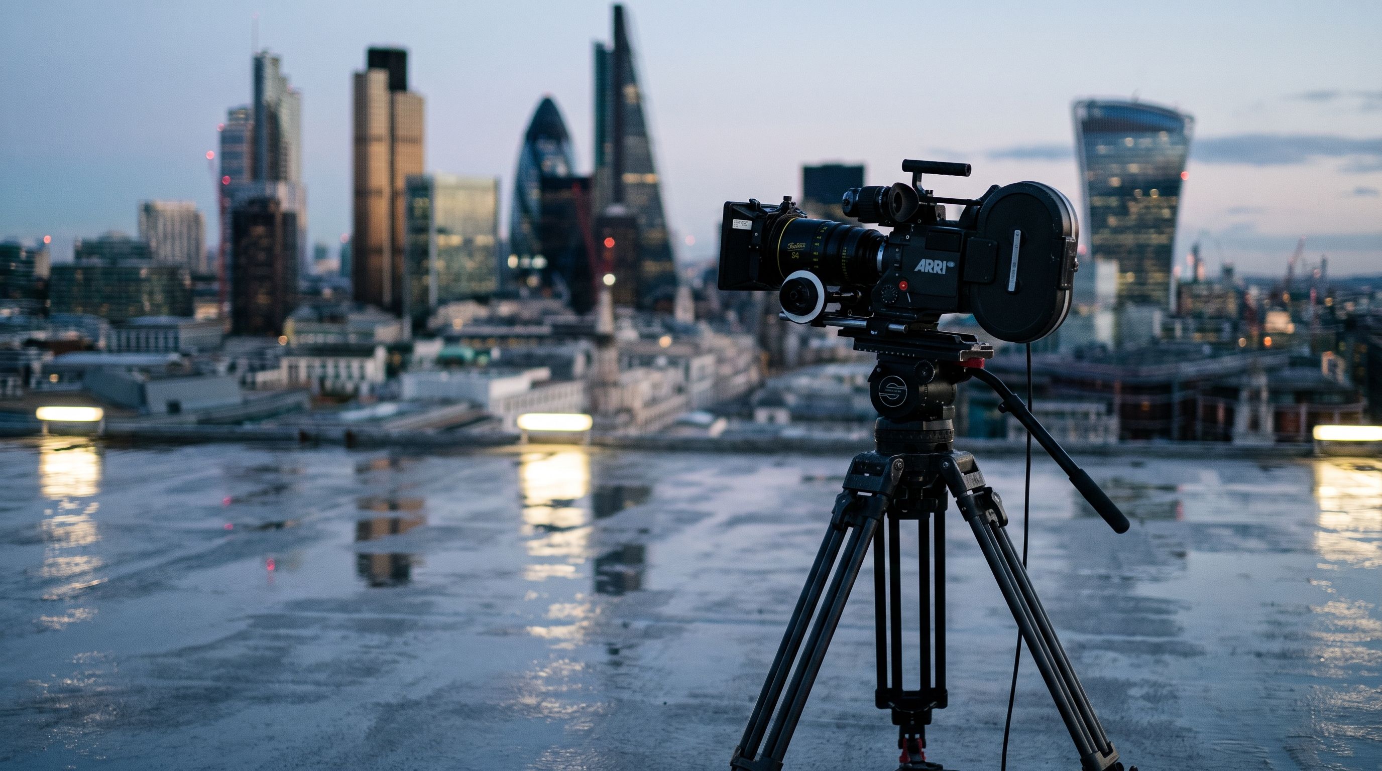A cinema camera on a wet London rooftop, the City skyline behind it