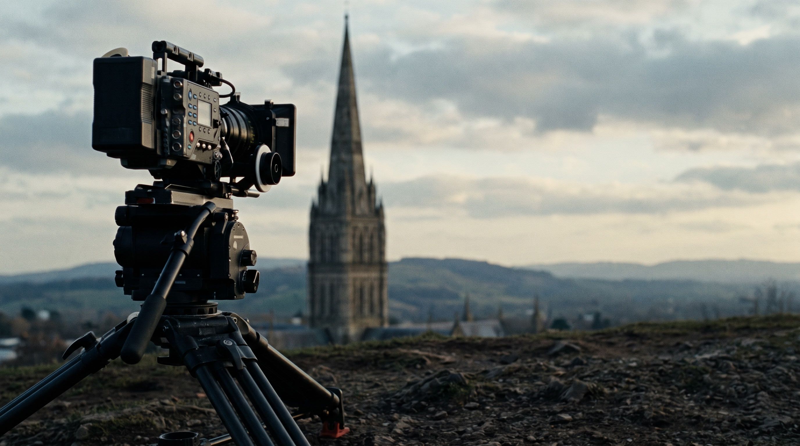 A cinema camera on a rooftop, looking over an old town and its cathedral spire